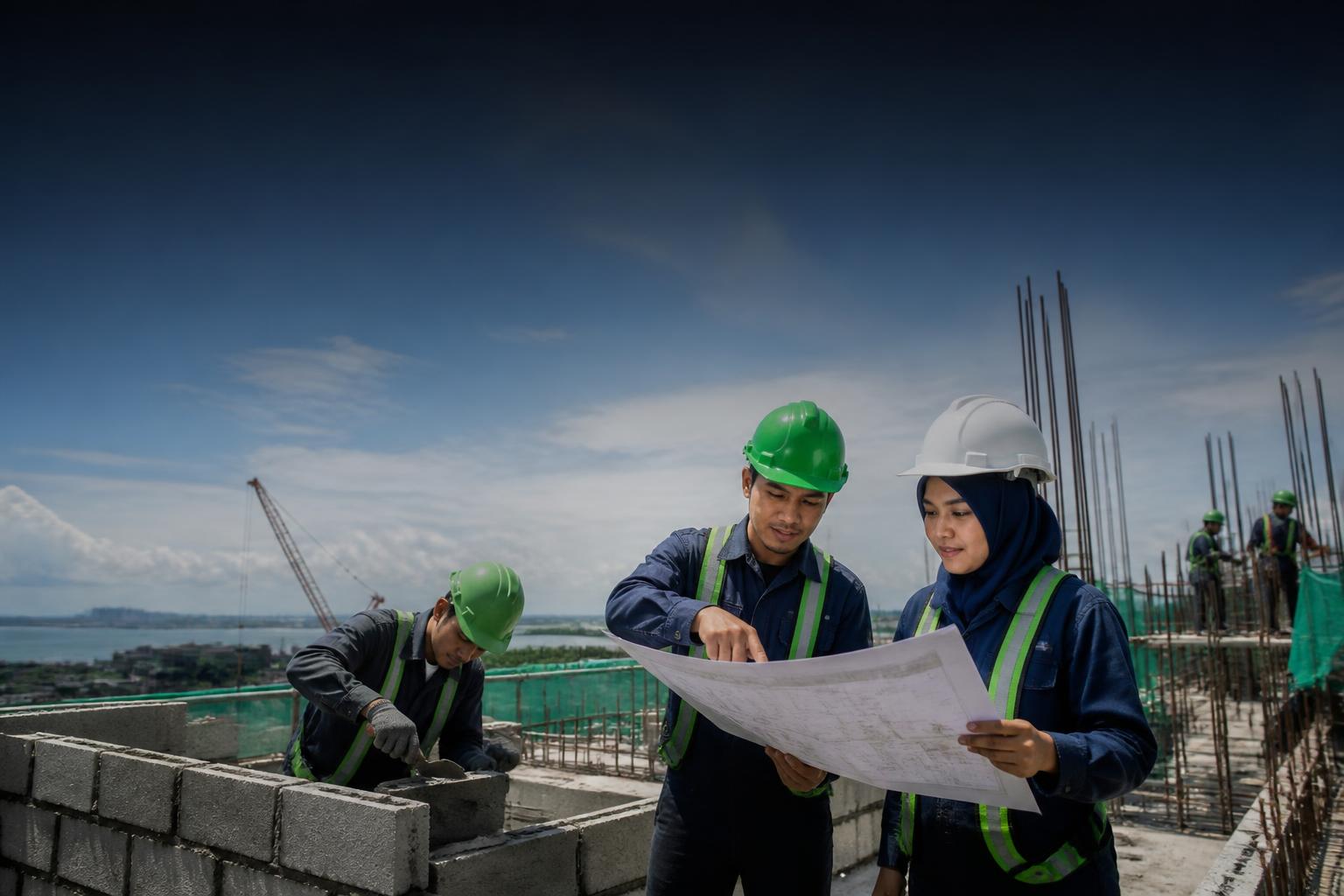 Pekerja konstruksi belajar membaca gambar di lokasi proyek