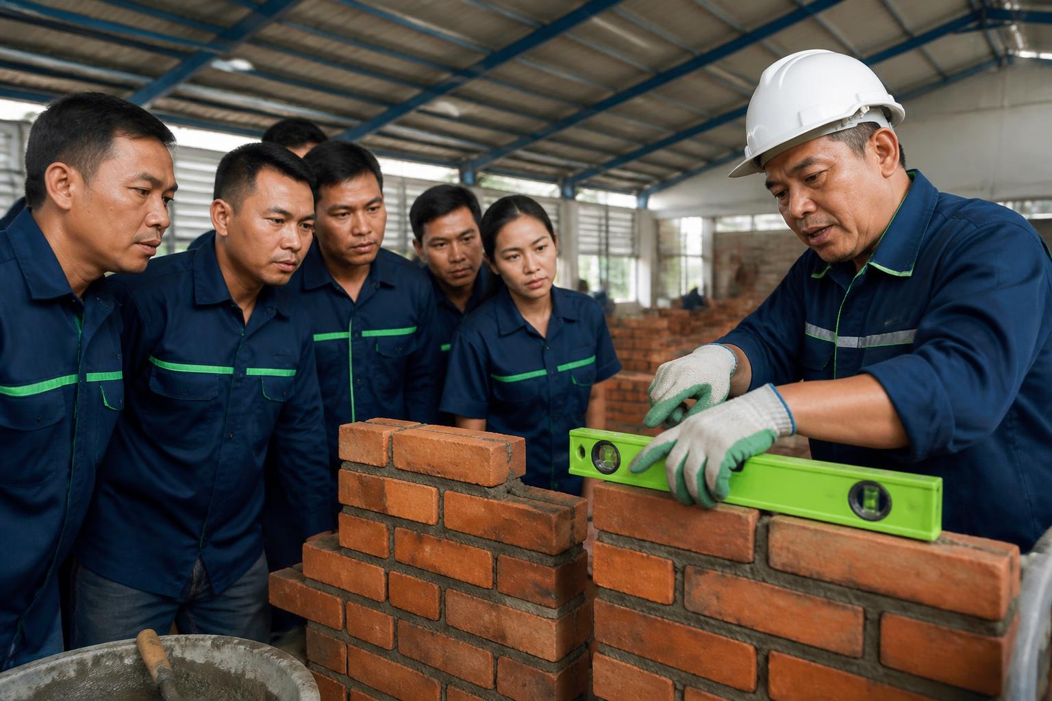 Pengajar mendemonstrasikan teknik pasangan bata